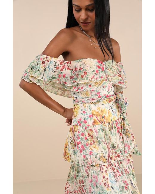 Lulus Natural Lucella Floral Tiered Off-The-Shoulder Midi Dress