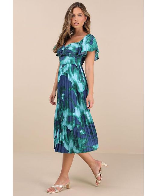 Lulus Blue Authentically Yours Multi Abstract Print Satin Midi Dress