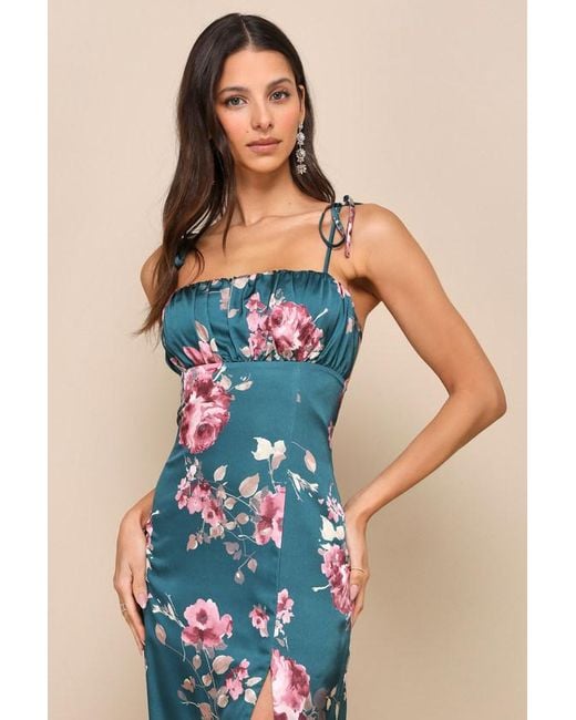 Lulus Blue Fleur-Ty Behavior Floral Satin Tie-Strap Midi Dress