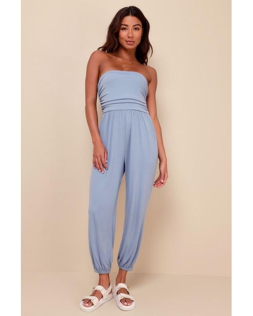 Lulus Blue Flawless Comfort Ruched Strapless Jogger Jumpsuit