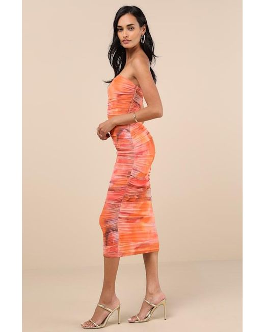 Lulus Orange Vania Abstract Mesh Ruched Strapless Midi Dress
