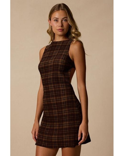 Lulus Brown Kimber Multi Plaid Cutout Mini Dress