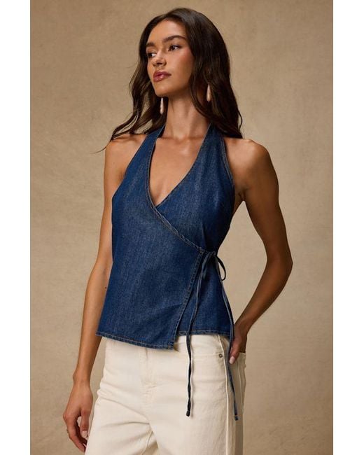 Lulus Blue Soleil Dark Wash Denim Halter Wrap Top