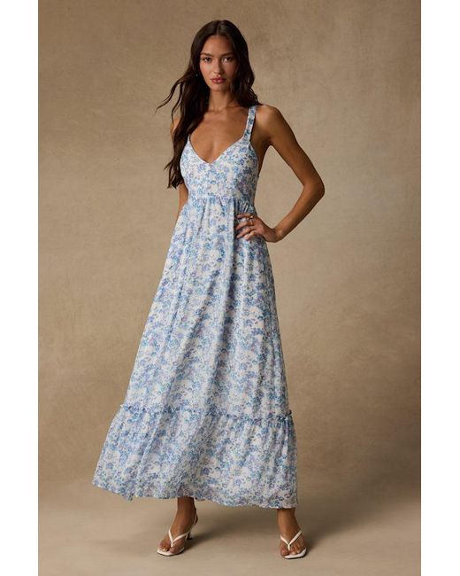 Lulus Blue My Love Story Floral Print Tie-Back Maxi Dress