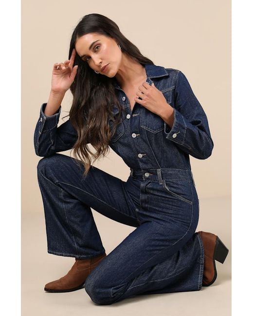 Levi's Green Western Dark Wash Long Sleeve Wide-Leg Denim Jumpsuit