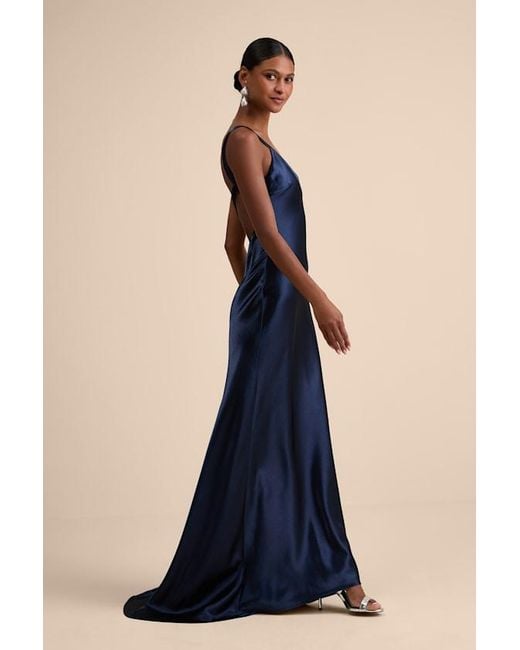 Lulus Blue Perfectly Classy Satin Strappy Maxi Dress