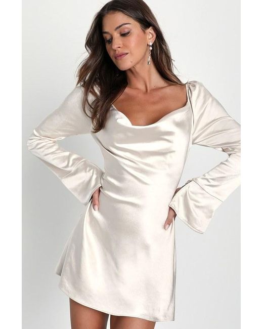 Lulus Natural Sensational Fate Satin Cowl Neck Mini Dress