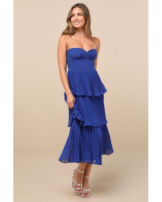 Lulus Blue Seriously Sensational Strapless Tiered Midi Dress