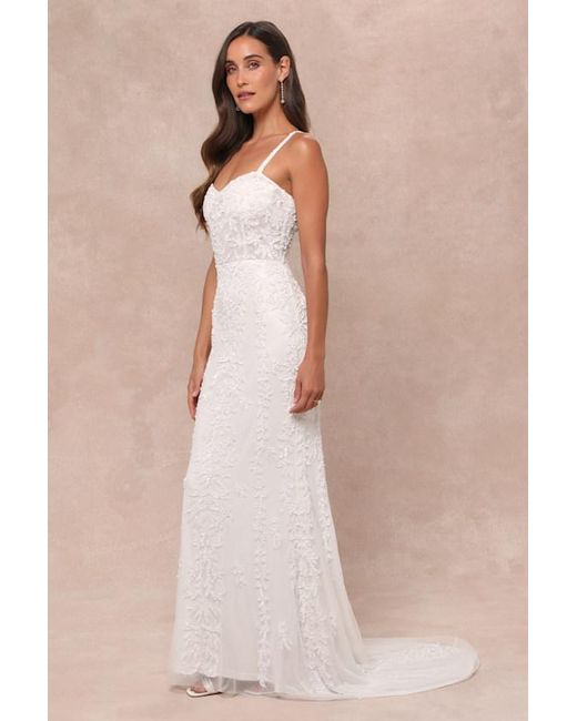 Lulus Natural Momentous Love Beaded Bustier Mesh Mermaid Maxi Dress