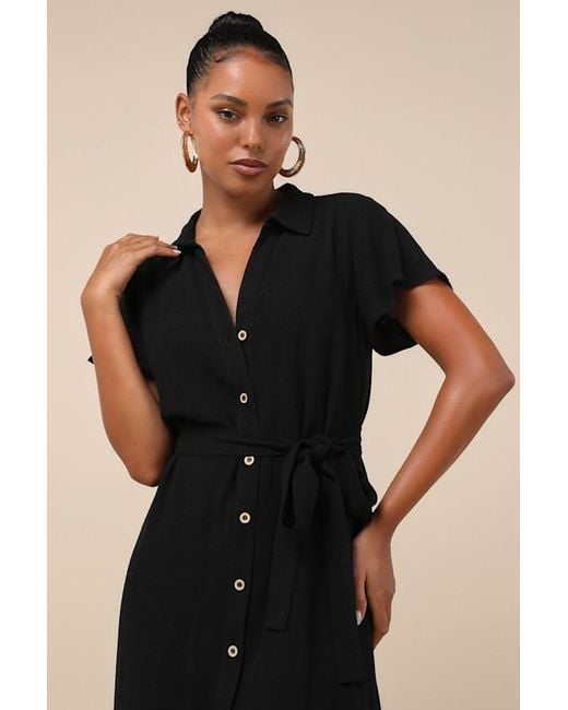 Lulus Black Italian Summer Linen Button-Up Short Sleeve Midi Dress