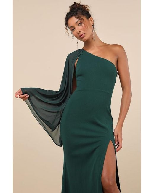 Lulus Green Majestic Attitude Emerald Cape Sleeve One-Shoulder Maxi Dress