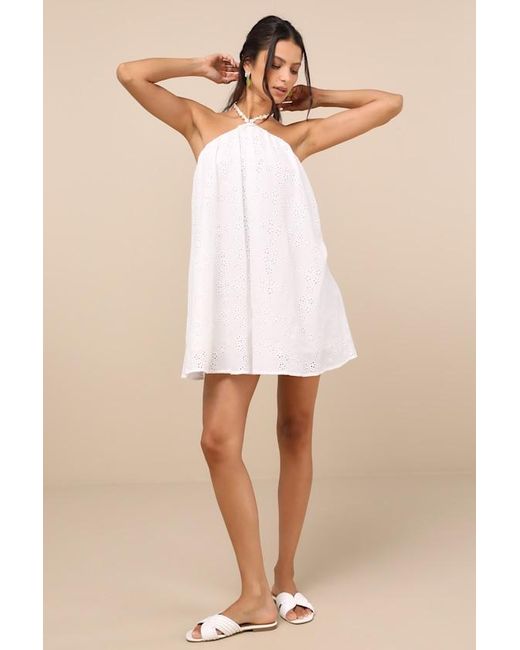 Lulus Natural Mina Eyelet Embroidered Shift Mini Dress