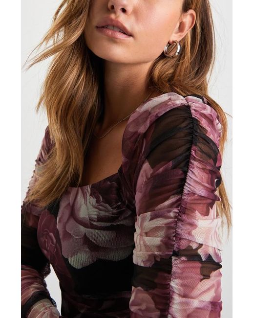 Lulus Black Flowering Aesthetic Floral Mesh Ruched Square Neck Top