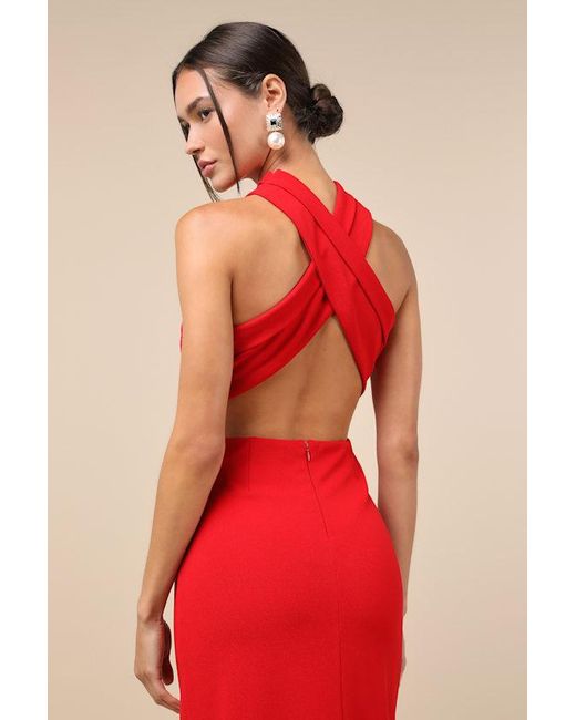 Lulus Red Head To Cocktail Hour Halter Neck Maxi Dress