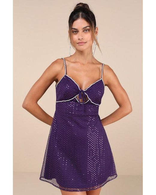 Lulus Purple Captivating Glimmer Sequin Rhinestone Tie-Back Mini Dress