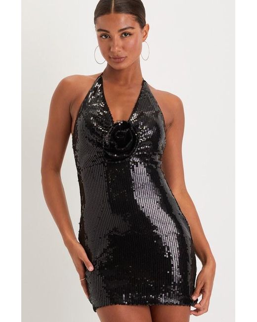 Lulus Black Shimmering Chic Sequin Rosette Halter Neck Mini Dress