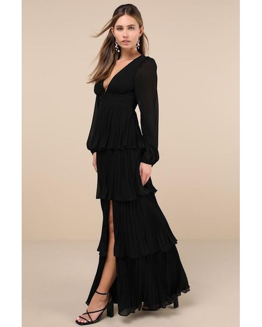 Lulus Black Graceful Finesse Pleated Long Sleeve Maxi Dress