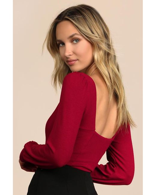 Lulus Red Flirting For Fun Ribbed Long Sleeve Bodysuit