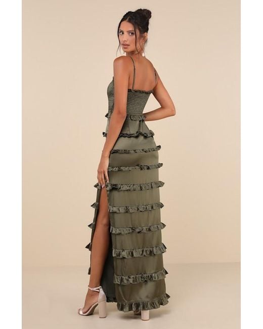 Lulus Natural Sincerely Fabulous Satin Smocked Ruffled Maxi Dress