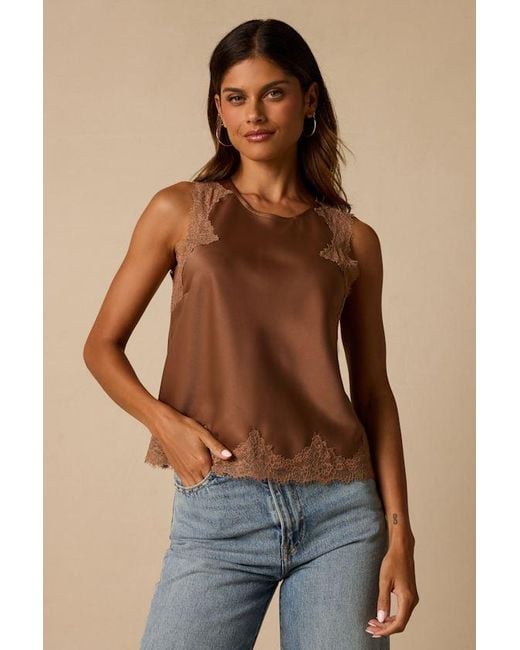 Lulus Brown Jaynae Lace Trim Satin Tank Top