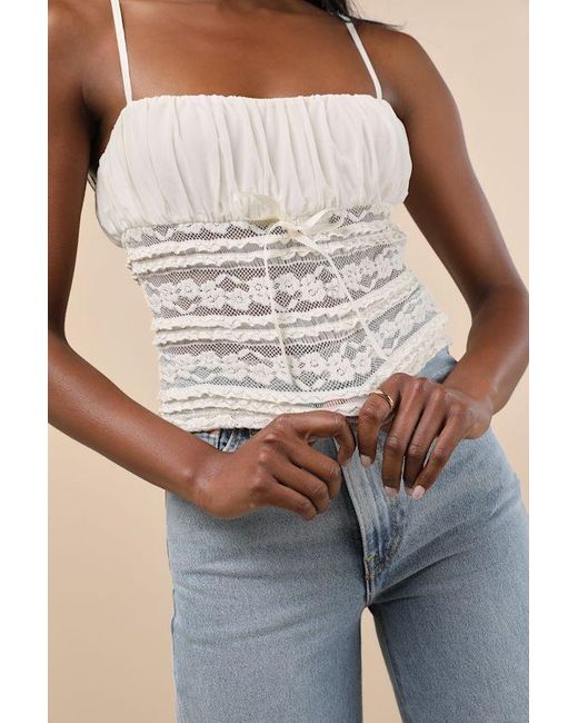 Lulus White Malvina Cream Mesh Sheer Lace Cami Top