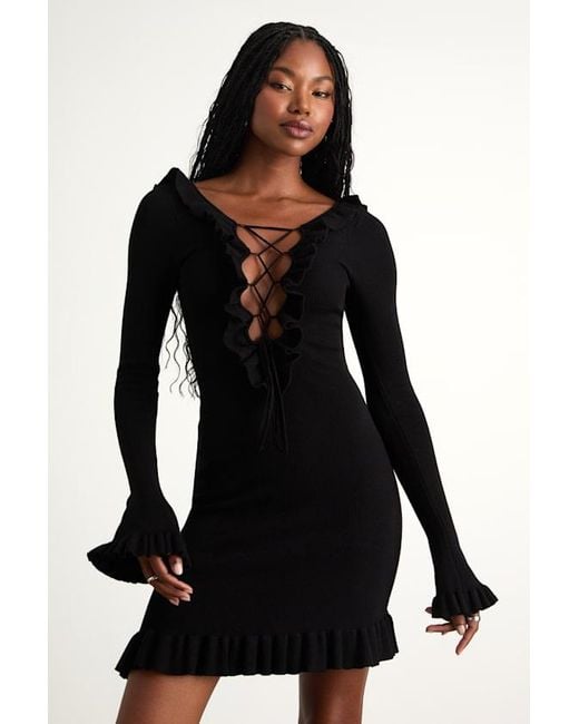 Lulus Black Haylea Ribbed Lace-Up Ruffled Sweater Mini Dress