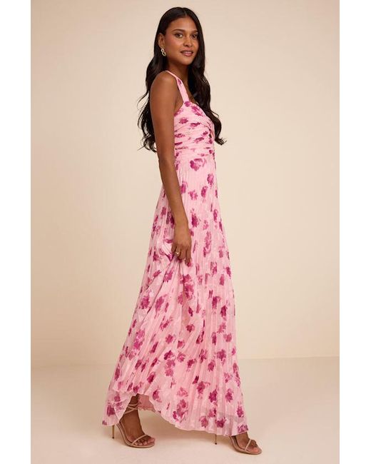 Lulus Pink Krystal Floral Pleated Halter Maxi Dress