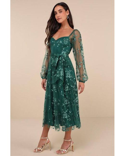 Lulus Green Darling Charisma Emerald Mesh Embroidered Midi Dress