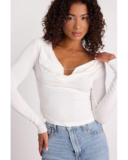 Lulus White Zeffie Cowl Neck Rhinestone Long Sleeve Top
