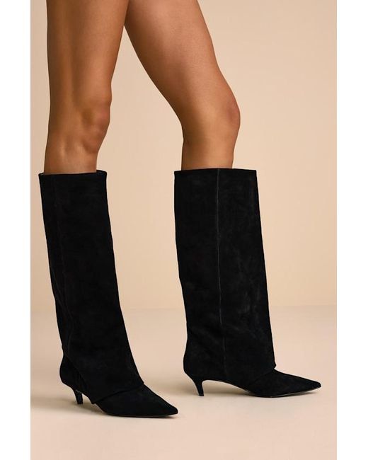 Steve Madden Black Luca Suede Leather Slouchy Knee-High Kitten Heel Boots