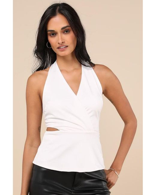 Lulus White Poised Expert Halter Cutout Peplum Top