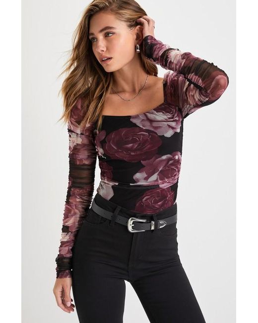 Lulus Black Flowering Aesthetic Floral Mesh Ruched Square Neck Top