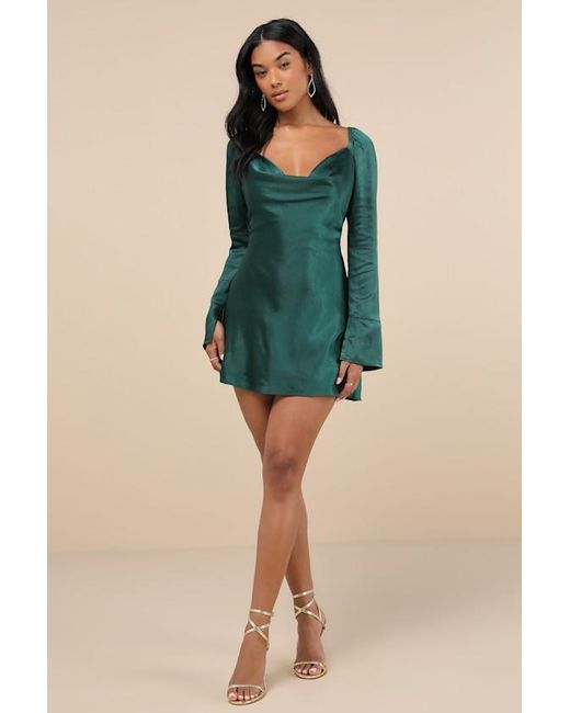 Lulus Green Sensational Fate Satin Cowl Neck Mini Dress