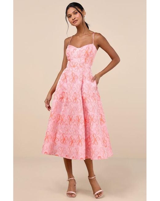 Lulus Pink Meet For Tea Jacquard Bustier Midi Dress With Pockets