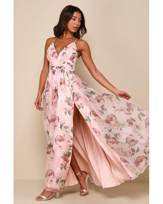 Lulus Pink Romance That Wows Blush Floral Print Organza Maxi Dress