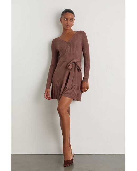 Lulus Brown Cozy Poise Heather Henley Long Sleeve Mini Sweater Dress