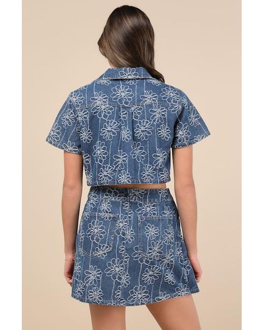 Lulus Blue Nicest Aura Medium Wash Embroidered Denim Two-Piece Dress