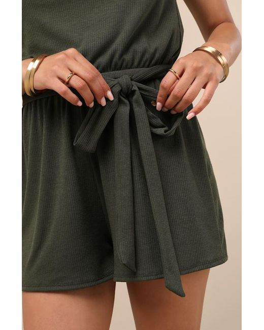 Lulus Green Leisurely Moments Dark Ribbed Knit Strapless Lounge Romper