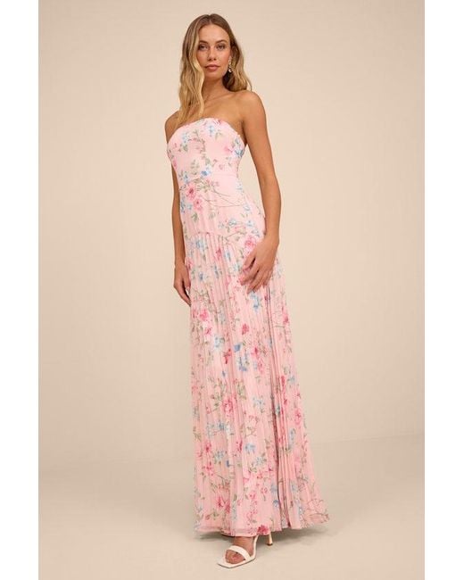 Lulus Pink Celebratory Aesthetic Floral Pleated Strapless Maxi Dress