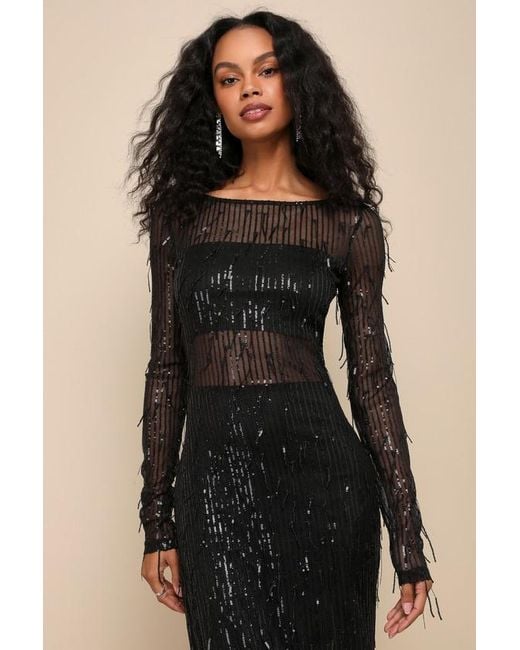 Lulus Black Sheer Fascination Sheer Mesh Sequin Fringe Maxi Dress