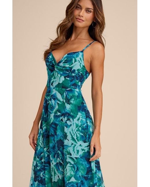 Lulus Blue Beautiful Soul Floral Print Twist-Front Maxi Dress