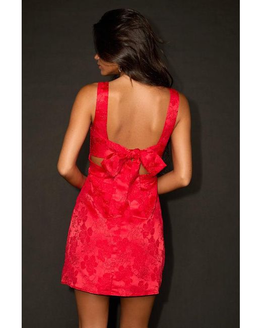 Lulus Red Perfectly Flirtatious Floral Jacquard Tie-Back Mini Dress