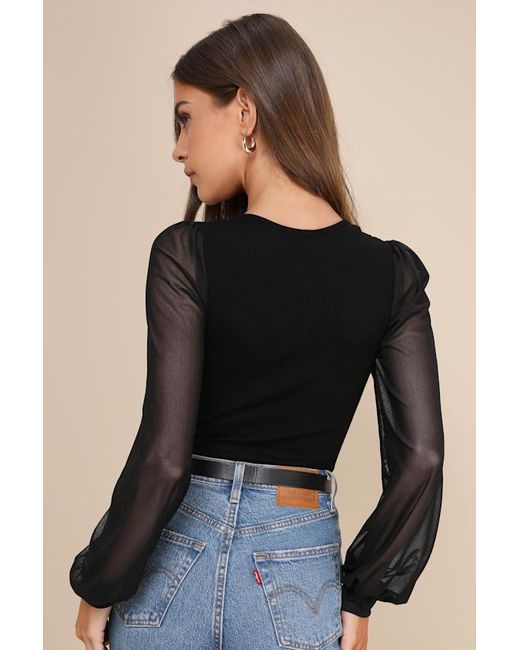 Lulus Blue Sensational Sweetheart Ribbed Balloon Sleeve Bodysuit