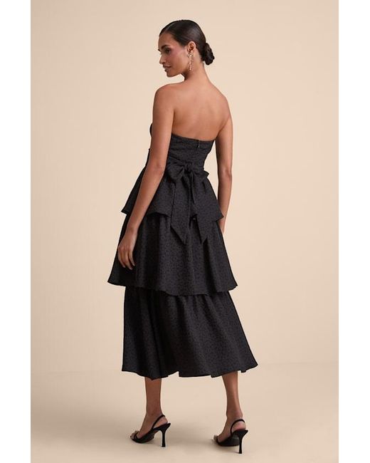Lulus Black Truly Marvelous Jacquard Strapless Tiered Midi Dress
