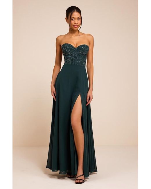Lulus Blue Remember This Moment Emerald Rhinestone Strapless Maxi Dress