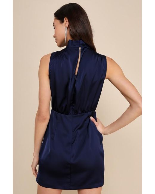 Lulus Blue Classic Elegance Satin Sleeveless Mock Neck Mini Dress