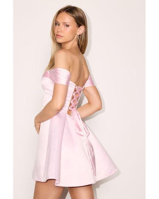 Lulus Pink Rhylee Satin Lace-Up Off-The-Shoulder Mini Dress