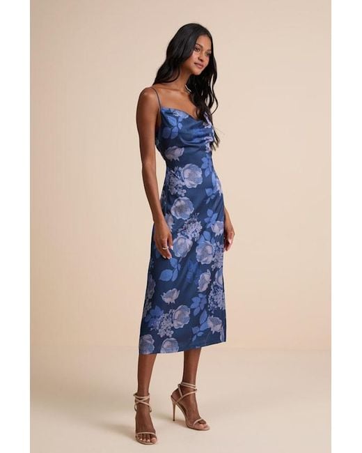 Lulus Blue Favorite Icon Floral Satin Cowl Neck Slip Midi Dress