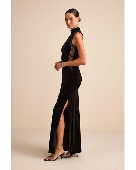 Lulus Blue Kemalie Velvet Lace Mock Neck Maxi Dress