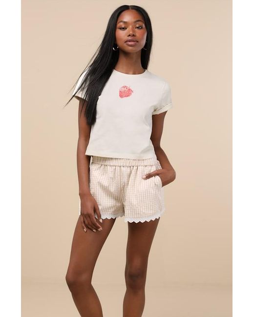 Lulus Natural Marija Gingham Scalloped Shorts
